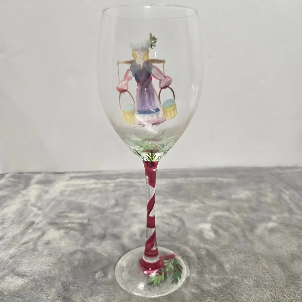 Hand Painted Folk Art Wine Glass Red White Candy Cane Twist Stem Holiday Holly